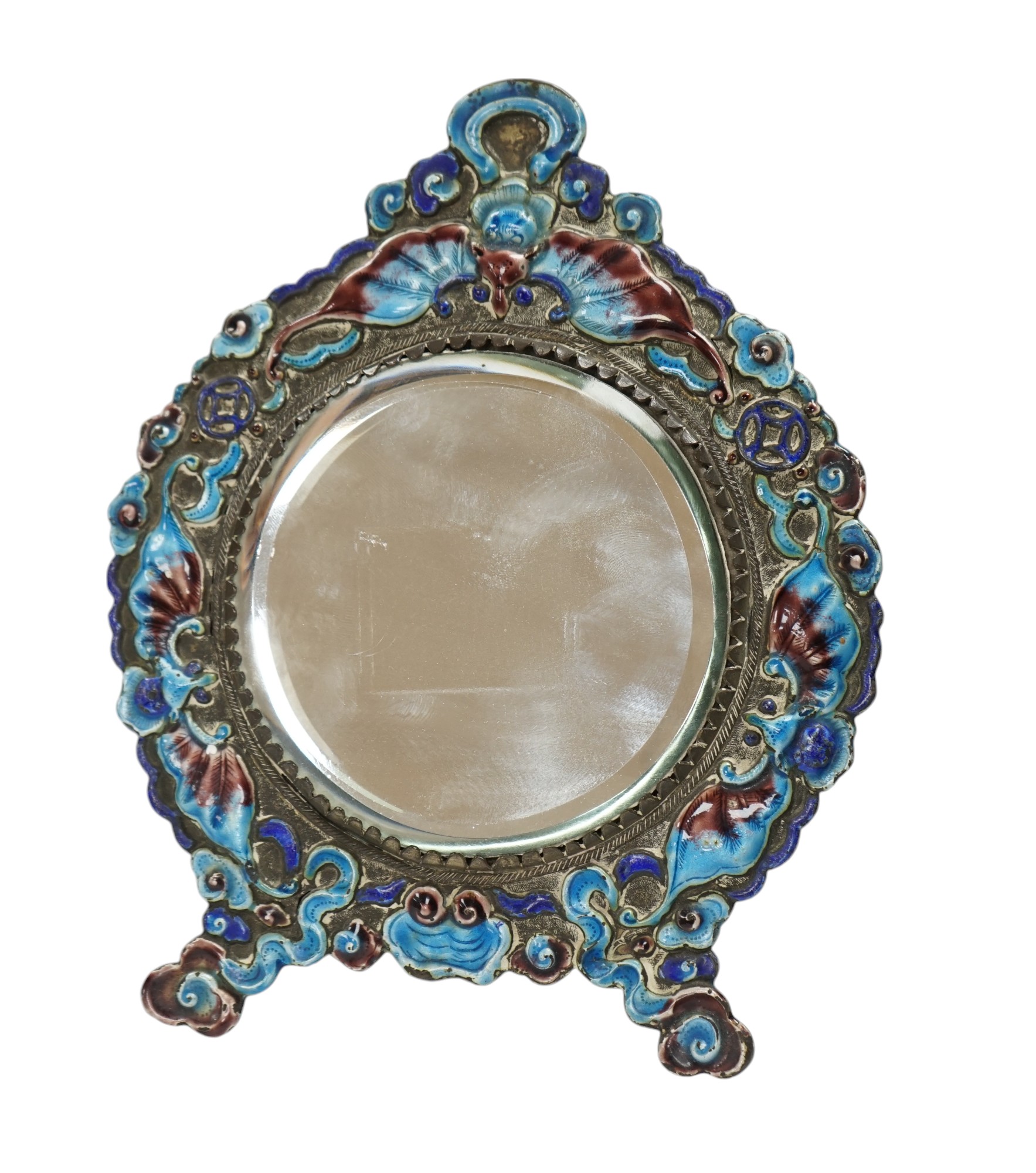 An early 20th century Chinese enamelled easel mirror, 8cm high. Condition - the metal is tarnished may need cleaning, enamel fair to good